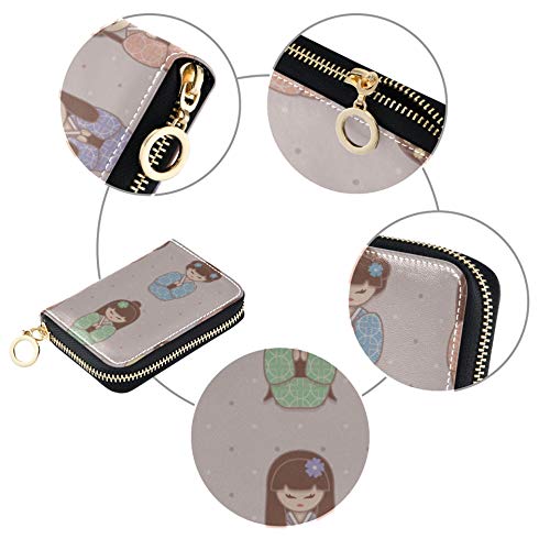 GiftCardHolderWallet Kimono Ropa Dibujada a Mano Japón CreditCardHolderForMen Cuero PU Cremallera Alrededor Tamaño Compacto Tarjeta Cartera Titular para Mujeres Damas Niñas Cartera de acordeón Minim