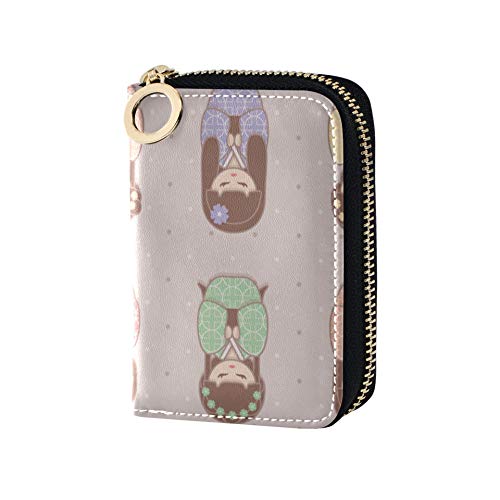 GiftCardHolderWallet Kimono Ropa Dibujada a Mano Japón CreditCardHolderForMen Cuero PU Cremallera Alrededor Tamaño Compacto Tarjeta Cartera Titular para Mujeres Damas Niñas Cartera de acordeón Minim