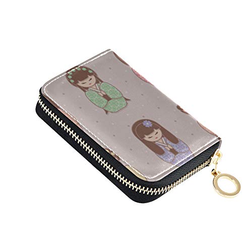 GiftCardHolderWallet Kimono Ropa Dibujada a Mano Japón CreditCardHolderForMen Cuero PU Cremallera Alrededor Tamaño Compacto Tarjeta Cartera Titular para Mujeres Damas Niñas Cartera de acordeón Minim