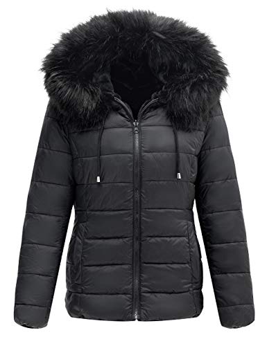 Giolshon Chaqueta de Doble Cara de Lana sintética para Mujer usada en Ambos Lados, el Abrigo Acolchado con Capucha y Cuello de Piel Negro Medio