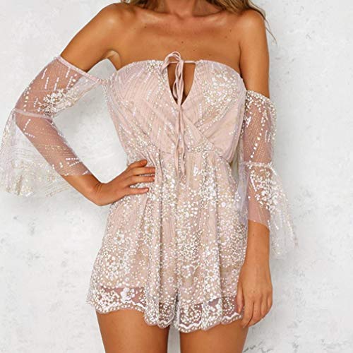 Glitter Mujer Mono del Verano Corto Sin Tirantes Sin Respaldo Playsuit Cómodo Cabestro Palabra De Honor con Cuello En V General (Color : Rosa, One Size : L)