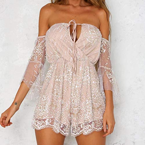 Glitter Mujer Mono del Verano Corto Sin Tirantes Sin Respaldo Playsuit Cómodo Cabestro Palabra De Honor con Cuello En V General (Color : Rosa, One Size : L)