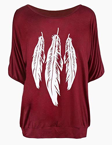 GNRSPTY Mujer Casual Camiseta Manga Corta Sin Tirantes Verano Estampado de Plumas Suelto T-Shirt Tops,Rojo 1,M
