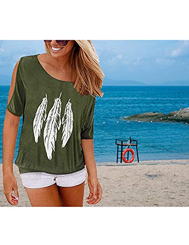 GNRSPTY Mujer Casual Camiseta Manga Corta Sin Tirantes Verano Estampado de Plumas Suelto T-Shirt Tops,Verde,M