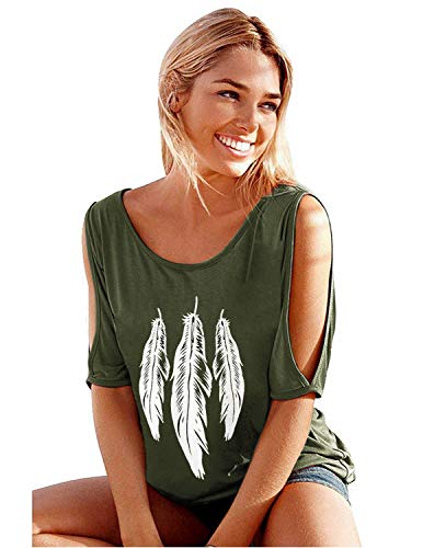 GNRSPTY Mujer Casual Camiseta Manga Corta Sin Tirantes Verano Estampado de Plumas Suelto T-Shirt Tops,Verde,M
