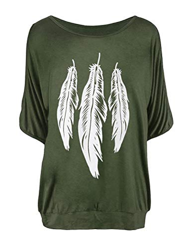 GNRSPTY Mujer Casual Camiseta Manga Corta Sin Tirantes Verano Estampado de Plumas Suelto T-Shirt Tops,Verde,M