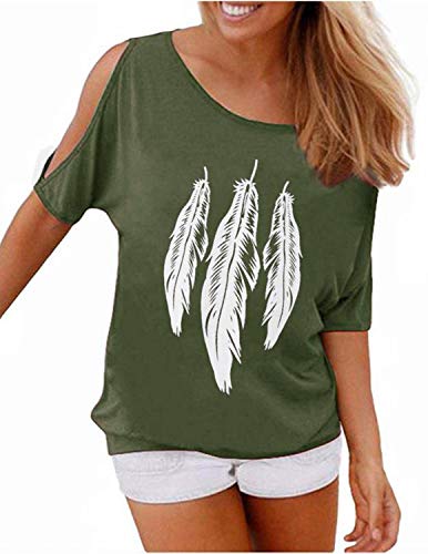 GNRSPTY Mujer Casual Camiseta Manga Corta Sin Tirantes Verano Estampado de Plumas Suelto T-Shirt Tops,Verde,M
