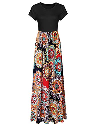 GNRSPTY Mujer Vestidos Casual Verano Manga Corta de Fiesta Largos Floral Impresa Color de Contraste Boho Playa Ceremonia Noche,Rojo,L