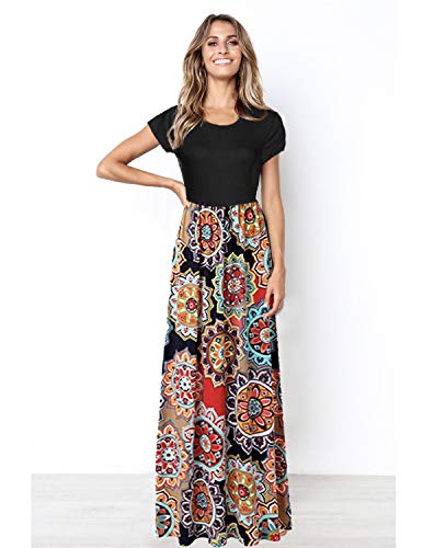 GNRSPTY Mujer Vestidos Casual Verano Manga Corta de Fiesta Largos Floral Impresa Color de Contraste Boho Playa Ceremonia Noche,Rojo,L