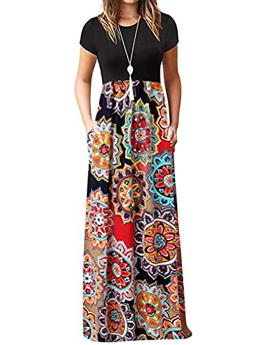GNRSPTY Mujer Vestidos Casual Verano Manga Corta de Fiesta Largos Floral Impresa Color de Contraste Boho Playa Ceremonia Noche,Rojo,L