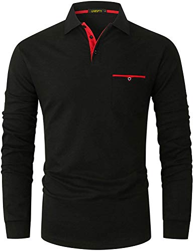 GNRSPTY Polo Manga Larga Hombre Algodon Slim Fit Camisetas Colores de Contraste con Bolsillos Reales Basic Golf Deporte Negocios T-Shirt Top,Negro,L