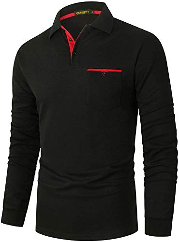 GNRSPTY Polo Manga Larga Hombre Algodon Slim Fit Camisetas Colores de Contraste con Bolsillos Reales Basic Golf Deporte Negocios T-Shirt Top,Negro,L