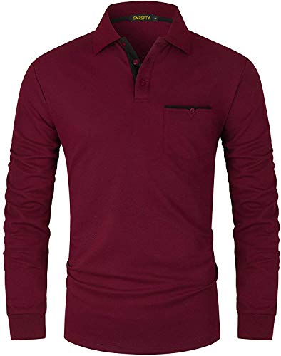 GNRSPTY Polo Manga Larga Hombre Algodon Slim Fit Camisetas Colores de Contraste con Bolsillos Reales Basic Golf Deporte Negocios T-Shirt Top,Rojo,XL