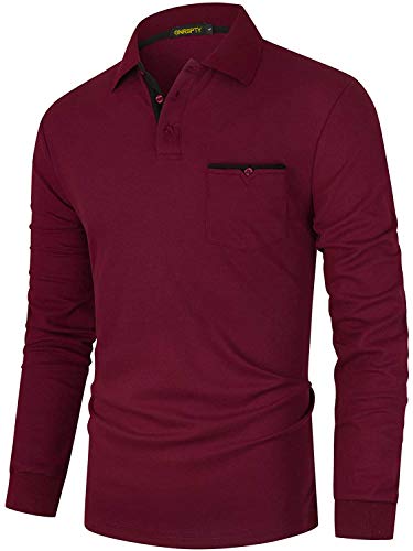 GNRSPTY Polo Manga Larga Hombre Algodon Slim Fit Camisetas Colores de Contraste con Bolsillos Reales Basic Golf Deporte Negocios T-Shirt Top,Rojo,XL