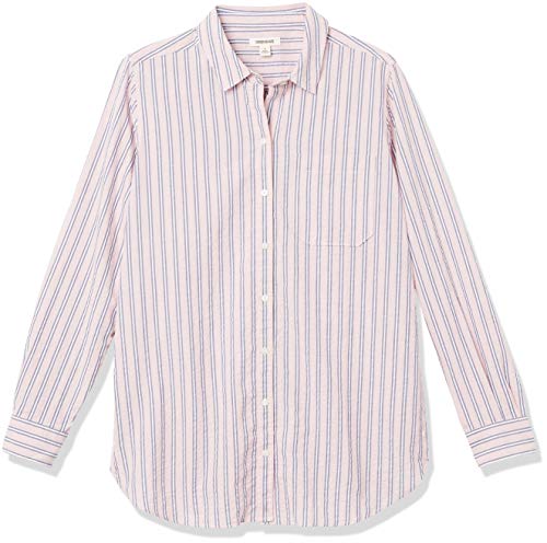 Goodthreads Seersucker Long-Sleeve Side-Button Shirt Shirts, Rosa/Azul/Blanco Rayas, S