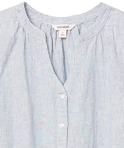 Goodthreads Washed Linen Blend Button Front Romper Jumpsuits-Apparel, Navy Blue Mini-Stripe, US 10 (EU M - L)