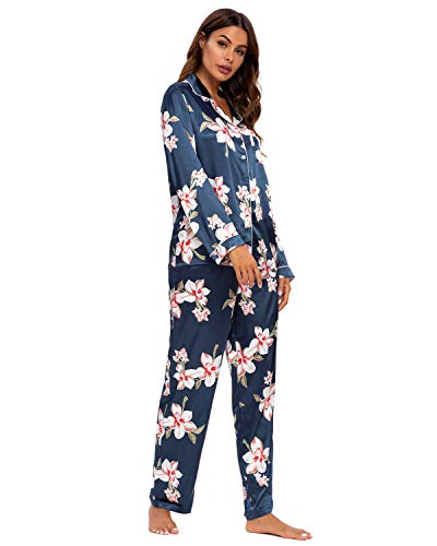 GOSO Pijama de satén para Mujer con Botones de Seda de Manga Larga y Pantalones Ropa de Dormir Conjuntos Pijama para Mujer