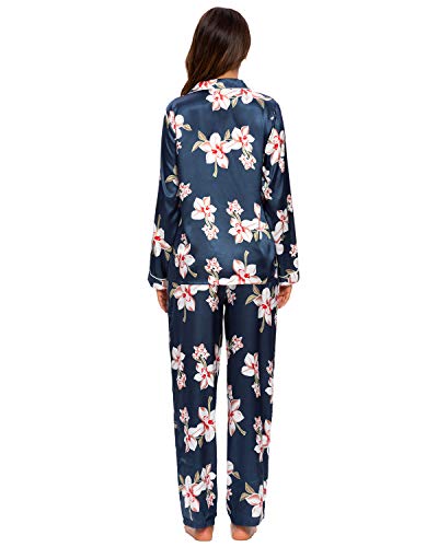 GOSO Pijama de satén para Mujer con Botones de Seda de Manga Larga y Pantalones Ropa de Dormir Conjuntos Pijama para Mujer