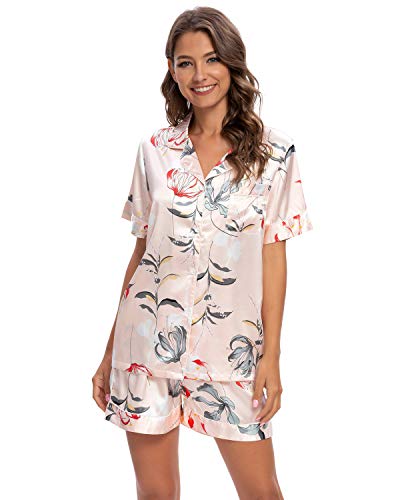 GOSO Pijama de satén para Mujer con Botones de Seda Floral Manga Cortos y Pantalones Cortos Ropa de Dormir Conjuntos Pijama para Mujer