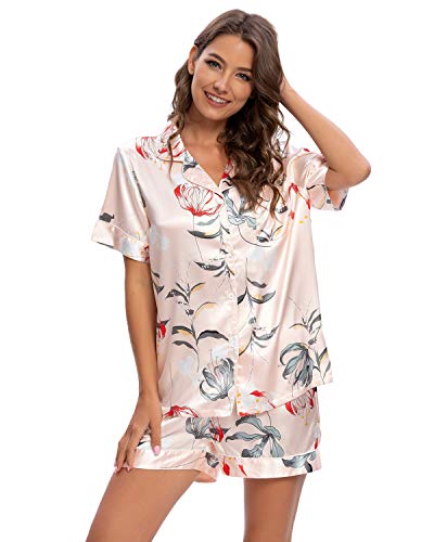 GOSO Pijama de satén para Mujer con Botones de Seda Floral Manga Cortos y Pantalones Cortos Ropa de Dormir Conjuntos Pijama para Mujer