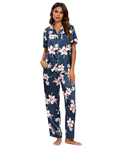 GOSO Pijama de satén para Mujer con Botones de Seda Floral Manga Cortos y Pantalones Ropa de Dormir Conjuntos Pijama para Mujer
