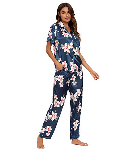 GOSO Pijama de satén para Mujer con Botones de Seda Floral Manga Cortos y Pantalones Ropa de Dormir Conjuntos Pijama para Mujer