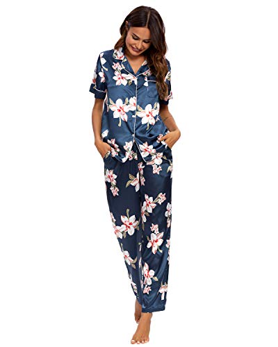 GOSO Pijama de satén para Mujer con Botones de Seda Floral Manga Cortos y Pantalones Ropa de Dormir Conjuntos Pijama para Mujer