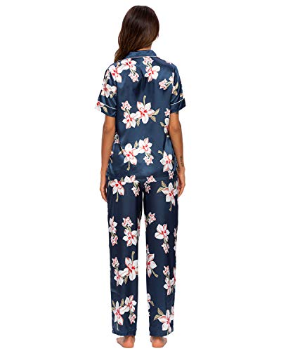 GOSO Pijama de satén para Mujer con Botones de Seda Floral Manga Cortos y Pantalones Ropa de Dormir Conjuntos Pijama para Mujer