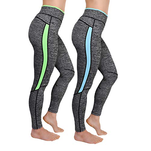GoVIA Paquete de 2 Leggins para Damas Pantalones Deportivos Largos para Training Running Yoga Fitness Transpirables con Cintura Alta 4113 Verde+Azul S/M