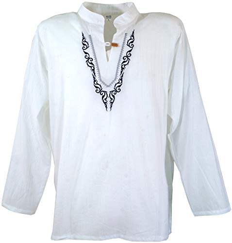 GURU-SHOP, Camisa de Yoga Bordada, Camisa Goa, Estampado Blanco 6, Algodón, Tamaño:XXL, Camisas de Hombre