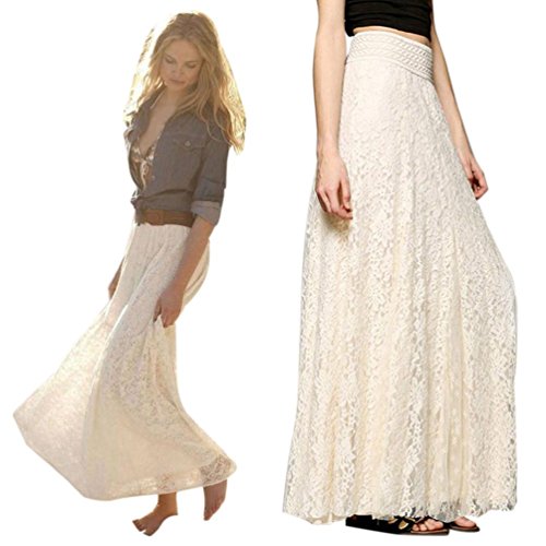 Gusspower Mujer Elegante Recta Larga Falda De Tutu De Tul Longitud Encaje Boho Maxi Faldas De Baile (Beige, L)