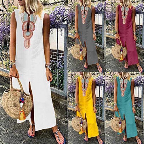 Gusspower Mujer Vestido De Playa Bohemia Lino Y Algodón Sin Mangas Vestidos De Fiesta para Bodas Talla Grandes Vestidos Vintage V-Cuello Casuales Mixi Vestido Faldas Largo Verano