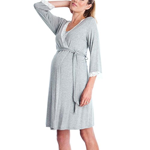 Gusspower Vestido de Lactancia Maternidad de Noche Camisón Mujeres Embarazadas Ropa de Dormir Premamá Pijama Verano Encaje (Gris, M)