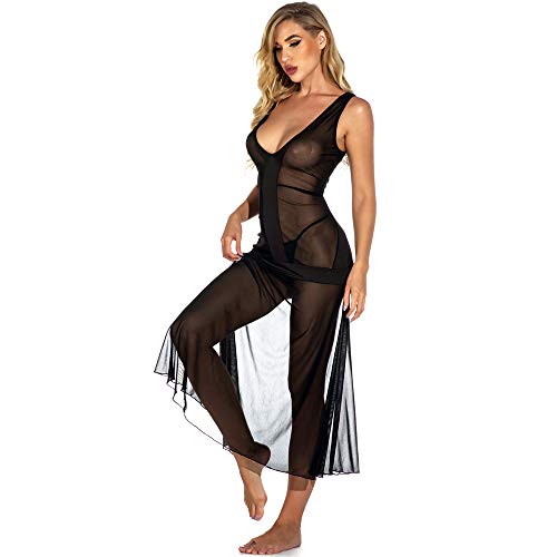 GVIANCXI Mujer Sexy de Encaje Talla Grande Dormir sin Mangas Picardía Mujer Vestido Lencería Negligee Babydoll con Cinturón y Tanga Alda Larga Sexy