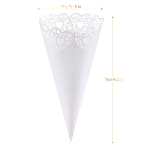 GWHOLE 100 Piezas Conos Papel Arroz Boda Blanco, Diseño de Corazón Hueco, Cucuruchos Pétalos Confeti Decoración Boda con Cinta Adhesiva Doble
