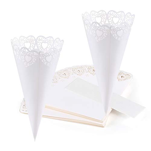 GWHOLE 100 Piezas Conos Papel Arroz Boda Blanco, Diseño de Corazón Hueco, Cucuruchos Pétalos Confeti Decoración Boda con Cinta Adhesiva Doble