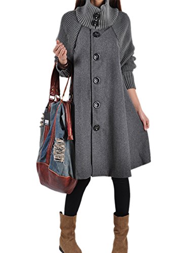 HAHAEMMA Moda para Mujer Abrigo de Invierno Abrigo Largo Punto Fleece Botón Columpio Ancho Poncho Cuello del Estilo del Cabo Abrigo de Abrigo Chaqueta Chaqueta de Invierno Vestido Suelto(GY,XL)