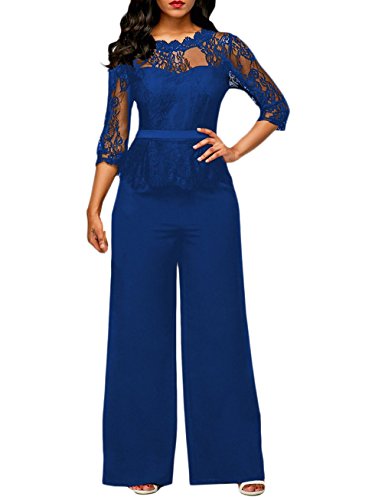 HaiDean Monos De Vestir Mujer Pantalon Largo Elegante Verano Modernas Casual Splice Encaje Mangas 3/4 Mono De Noche Moda Casual Transparentes Fiesta Pata Ancha Jumpsuit (Color : Azul, One Size : M)