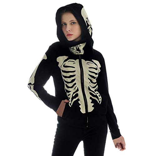 Halloween Camisa de Entrenamiento Mujeres Cráneo Máscara de Empalme Jerseys Manga Larga Tapas Encapuchadas Blusa