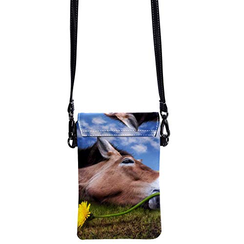 Haminaya Mujer Bolso para teléfono móvil Burro Gracioso Girasol Bolso bandolera Monedero Mini Bolso de cuero ligero para teléfono móvil 19x12x2cm