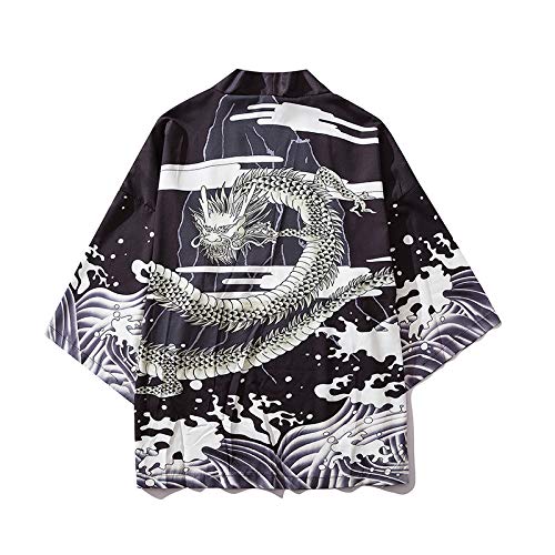 Haori Hombre, Cárdigan Kimono Japonés para Mujer - Otoño Harajuku Estilo Antiguo Albornoz Cárdigan Protector Solar Ropa Pijamas Chaqueta Abrigo Tejido De Plumas,Black-S
