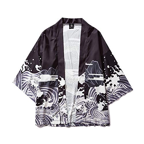 Haori Hombre, Cárdigan Kimono Japonés para Mujer - Otoño Harajuku Estilo Antiguo Albornoz Cárdigan Protector Solar Ropa Pijamas Chaqueta Abrigo Tejido De Plumas,Black-XL