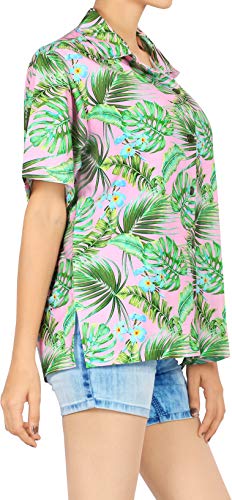 HAPPY BAY  la Camisa Hawaiana de la Hawaiana Mujeres botón de Manga Corta de Abajo de Alta definición Hojas Impresas en 3D Rosa_AA297 S - ES Tamaño :- 42-44