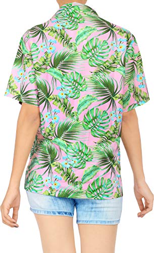 HAPPY BAY  la Camisa Hawaiana de la Hawaiana Mujeres botón de Manga Corta de Abajo de Alta definición Hojas Impresas en 3D Rosa_AA297 S - ES Tamaño :- 42-44