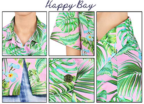 HAPPY BAY  la Camisa Hawaiana de la Hawaiana Mujeres botón de Manga Corta de Abajo de Alta definición Hojas Impresas en 3D Rosa_AA297 S - ES Tamaño :- 42-44