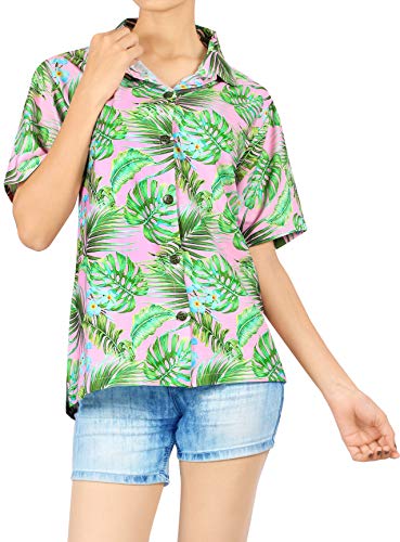 HAPPY BAY  la Camisa Hawaiana de la Hawaiana Mujeres botón de Manga Corta de Abajo de Alta definición Hojas Impresas en 3D Rosa_AA297 S - ES Tamaño :- 42-44