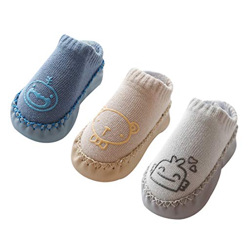 Happy Cherry - 3 pares de Calcetines de Suela para Bebés Recien Nacido Primeros Pasos Antideslizantes Zapattillas de Piso Prewalker Algodón con Dibujo Animal - 11cm/0-6 Meses