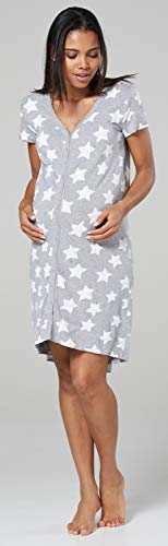 HAPPY MAMA Mujer Maternidad Camisón Amamantamiento Abierto Ropa Dormir 1138 (Gray Melange con Estrellas, EU 36/38, S)