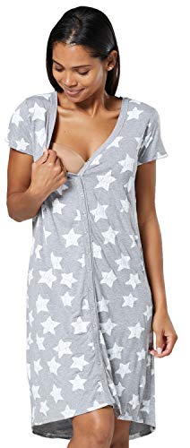 HAPPY MAMA Mujer Maternidad Camisón Amamantamiento Abierto Ropa Dormir 1138 (Gray Melange con Estrellas, EU 36/38, S)