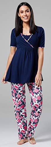 HAPPY MAMA Mujer Maternidad Conjunto Pijama/Pantalones/Cima/Bata 558p (Azul Marino y Crudo con Flores, 40, L)